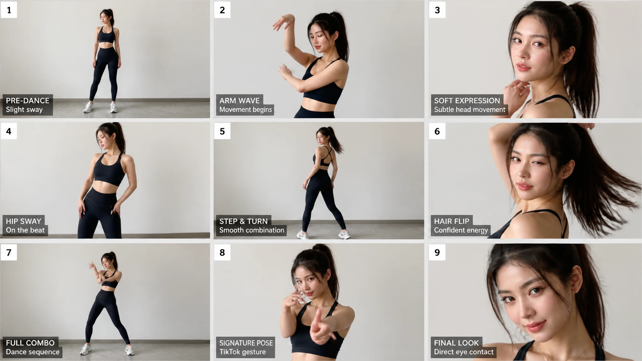 Flux 3 motion storyboard showing a dancer across nine consistent poses, expressions, and camera framings